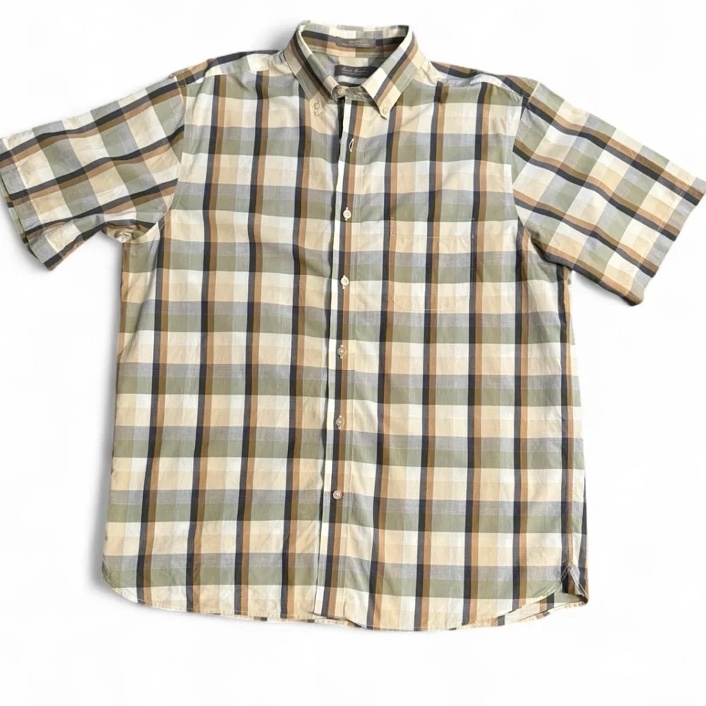 DANIEL CREMIEUX Men’s Tan and green plaid short sleeve button up shirt. Large - Picture 1 of 4